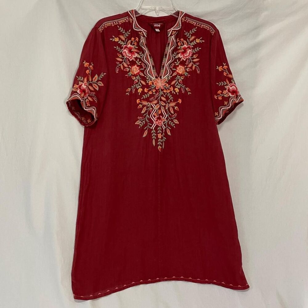 Johnny Was Workshop Burgundy Boho Mini Dress, Oversized XS, Floral Embroidery